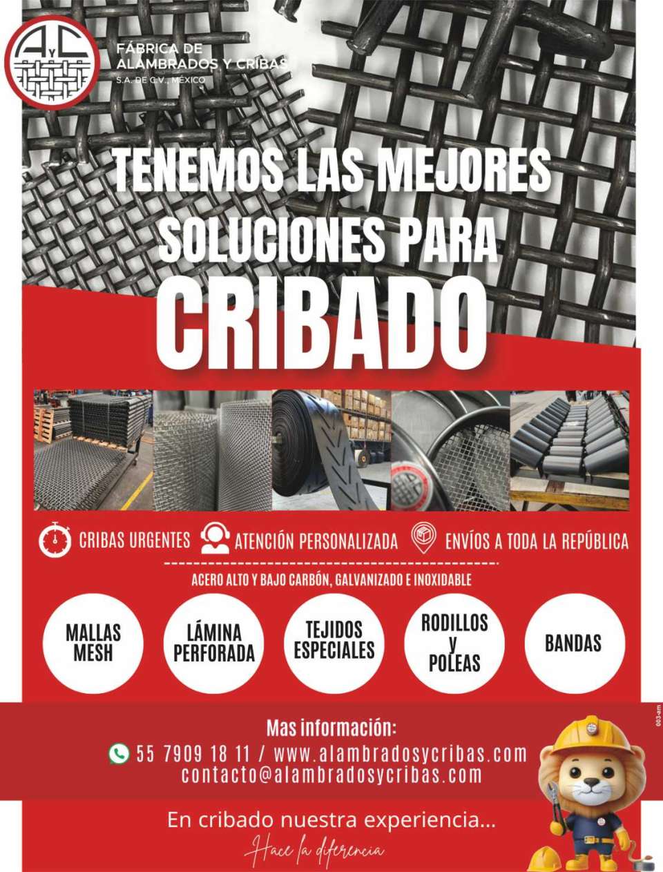 Cribas urgentes, fabrica de alambrados, mallas finas, laminas perforadas. Acero alto y bajo carbon, galvanizados e inoxidables