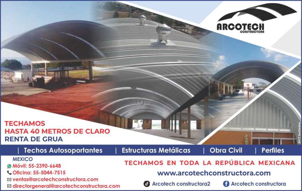 Self-supporting roofs, metal structures, civil works, profiles. We roof up to 40m of span. Crane rental. Service throughout the Mexican Republic.