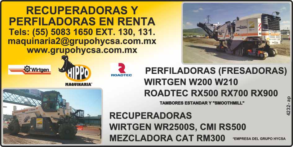 Rent. Wirtgen W200 and W210 Roll Forming Machines. Roadtec RX500, RX700, RX900. Wirtgen WR2500S recuperators, CMI RS500, CAT RM300 mixer. HIPPO Maquinaria.