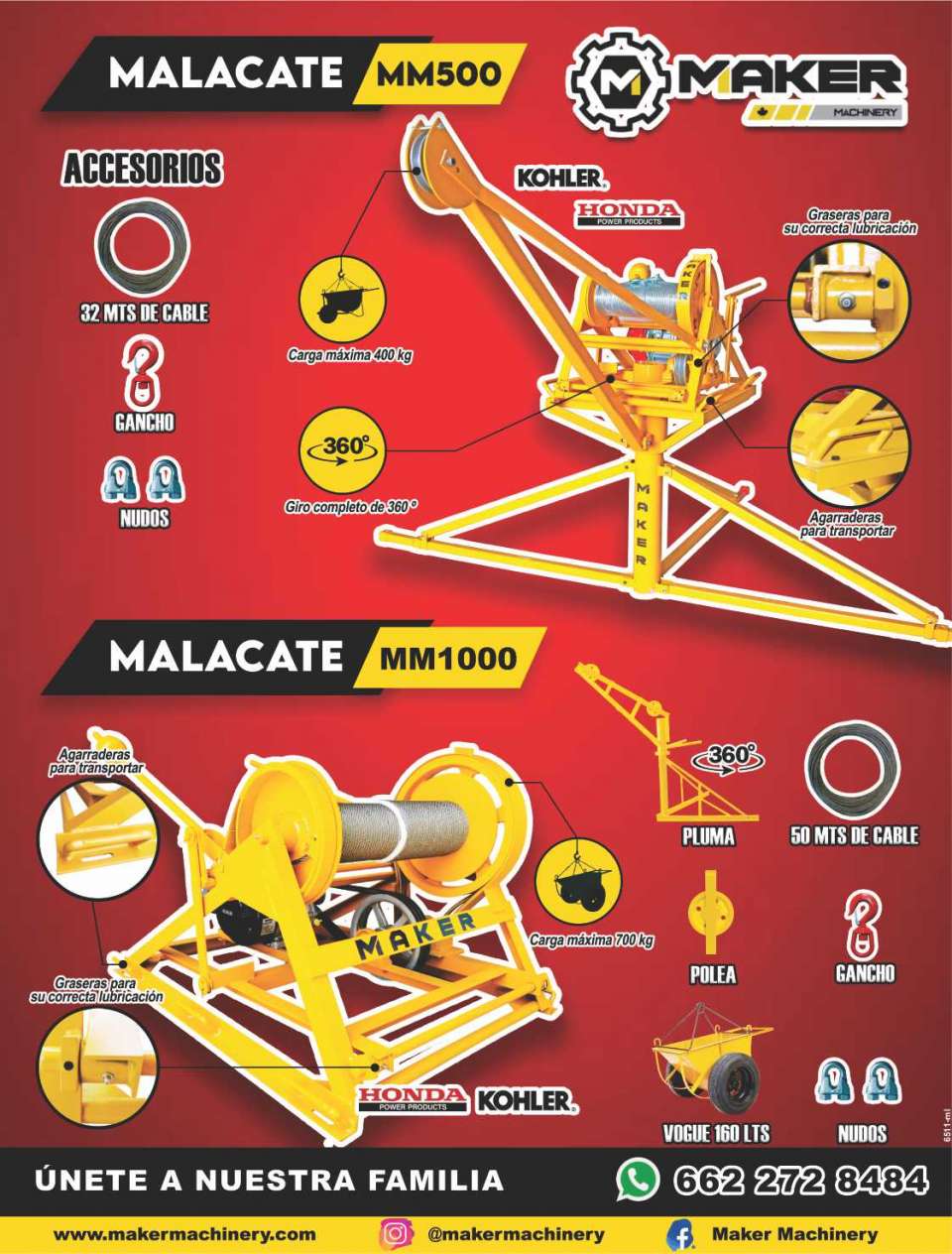 MM500 winch, maximum load 400kg, MM1000 winch, maximum load 700 kg, full 360 Â° turn, fittings for proper lubrication, handles to transport and more accessories