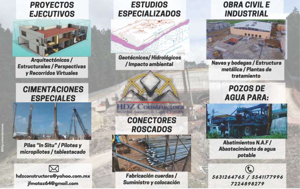 Architectural and structural projects. Geotechnical and hydrological studies. Industrial buildings, metal structures, treatment plants. Piles, piles, water wells for NAF reduction.