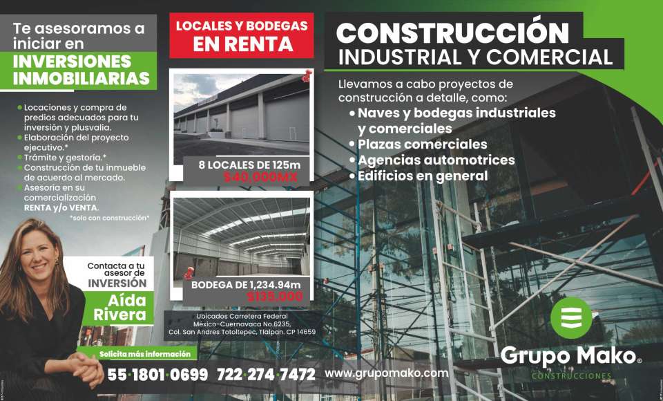 Construction, sale and rental of industrial and commercial warehouses and warehouses.We carry out detailed construction projects, shopping plazas, automotive agencies, warehouses, buildings in general