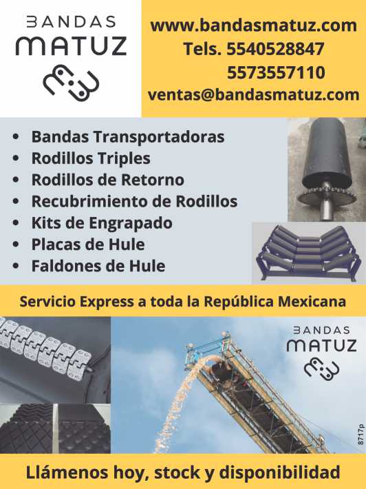 Conveyor Belts, Triple Rollers, Return Rollers, Roller Coating, Stapling Kits, Rubber Plates and Skirts. Express service to all of Mexico. We have stock.