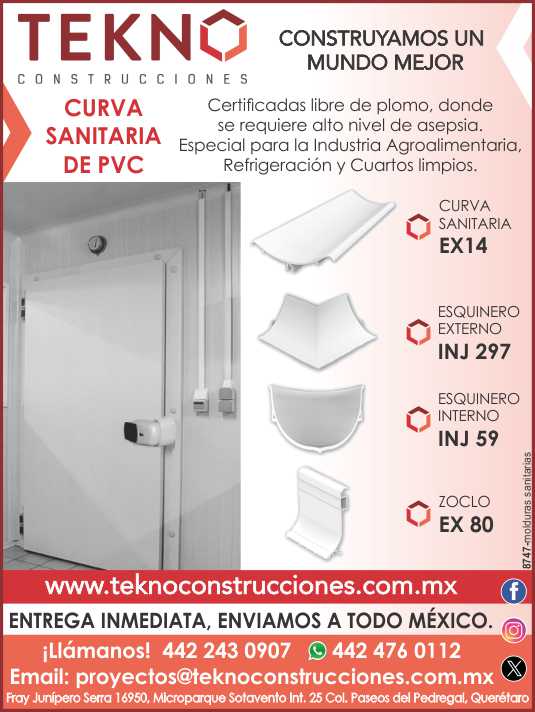 Curva sanitaria de PVC, certificadas libre de plomo, donde se requiere alto nivel de asepsia. Especial para la industria agroalimentaria, refrigeracion y cuartos limpios